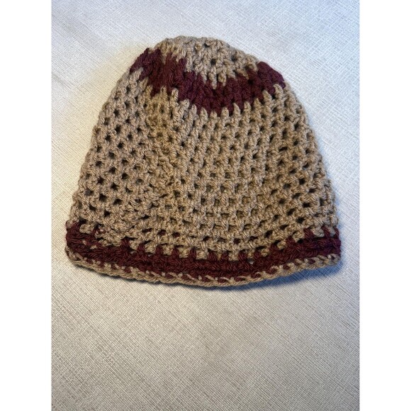 Handmade Crochet Hat Beanie Fitted One Size Womens Tan Burgundy Open Weave - Picture 3 of 4